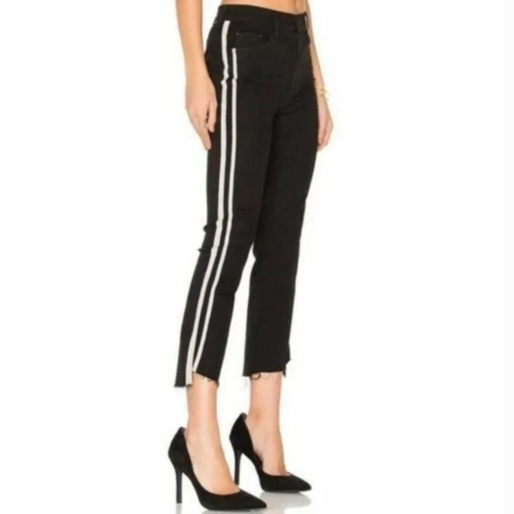 Mother The Insider High-Rise Crop Step Fray Guilty Racer Stripe Jeans Black 27
